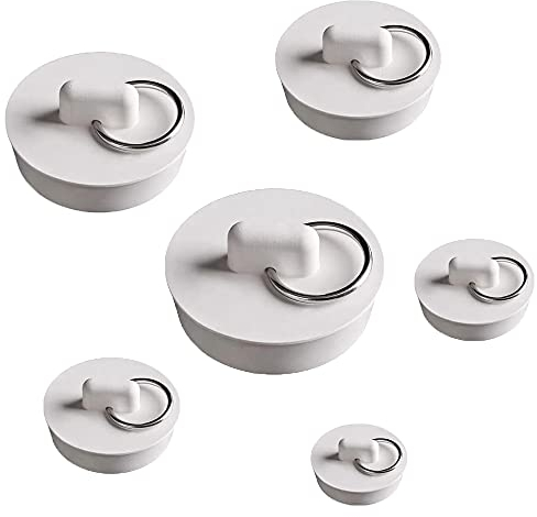 Dzsomt Abflussstopfen 6 Stück Stöpsel Waschbecken Weiß Stöpsel für Spülbecken mit Hängenden Ring 6 Größen Badewannenstöpsel Waschbeckenstöpsel Stöpsel Badewanne Gummistopfen für Küche und Bad