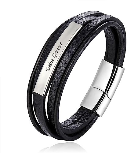 Herren Lederarmband mit Gravur mit Namen oder Datum – personalisiertes Armband aus Echtleder – Geschenk zum Geburtstag für Männer & Papa – Wunschtext graviert – individuelles stilvolles Männerarmband