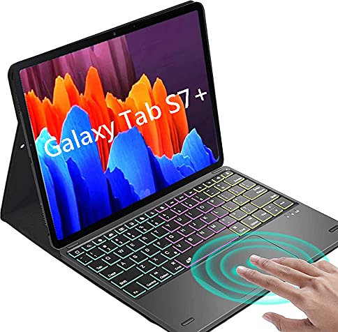 QYiiD Étui Clavier avec pavé Tactile pour Galaxy Tab S8+ 12,4 Pouces 2022 (SM-X800/SM-X806)/ Galaxy Tab S7 FE 2021(SM-T730/T733/T736B)/Tab S7+ 2020, AZERTY Clavier Étui Rétroéclairé Bluetooth, Noir