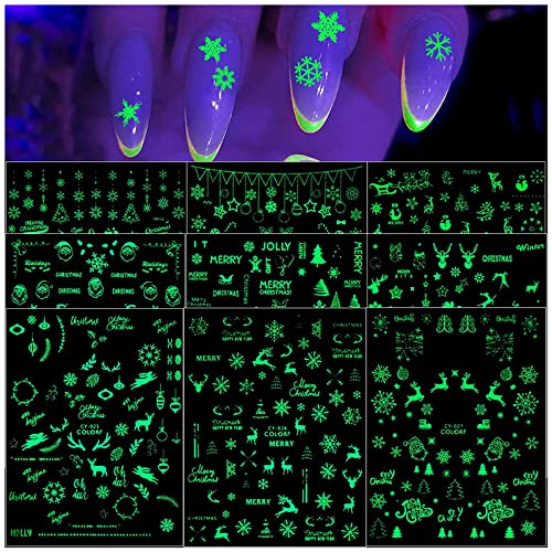 Kalolary 9 Blatt Luminous Nail Art Sticker, Weihnachten Selbstklebend Nagelaufkleber Leuchten im Dunkeln Nageldesign 3D Nagelsticker für Damen Mädchen Nagelspitzen Dekoration