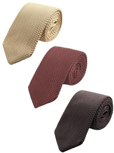 WANYING 3 × Herren 7cm Schmale Strickkrawatte 2,75 Zoll Gestrickte Narrow Krawatte Retro Sporty Casual Büro Basic für Gentleman - Einfarbig Beige Braun Dunkelbraun