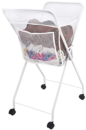 No Bend Laundry Basket on Wheels - Lightweight Foldable Washing Trolley - Space Saving for Easy Storage - Holds up to 14KG - Lockable Wheels - White