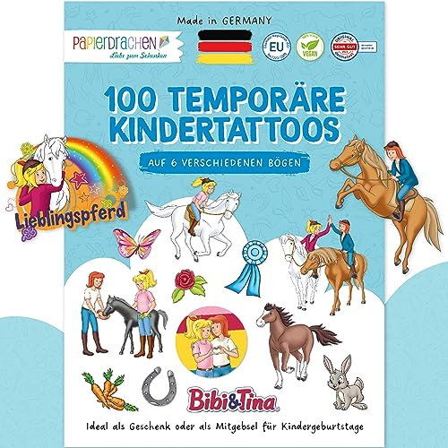 Papierdrachen 100 besonders hautfreundliche Kindertattoos - Tattoos Bibi, Tina und ihre Tierfreunde - für Kinder - als Geburtstagsmitgebsel - 100% vegan, geprüft & made in Germany - Set 23
