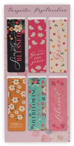 Christian Art Gifts Magnetic Scripture Bookmark/Pagemarker Set for Women: Overflowing Grace - Set of 6, Inspirational Scripture Verses for Bibles, Books, Diaries, Notebooks, Multicolor Floral, Small
