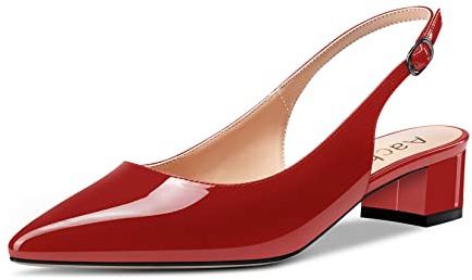 Aachcol Donna Slingback Chunky Blocco Basso Tacco Heel Pumps a Punta Cinturino alla Caviglia Sandali Dress Scarpe Feste Ufficio da Matrimonio Borgogna Rosso Verniciata 3.5 CM 38 EU