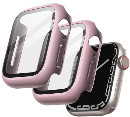 JETech Funda con Protector de Pantalla para Apple Watch Series 9 8 7 45 mm, Cover Protectora Completo, Película Cristal Vidrio Templado, 2 Unidades (Rosa Brillante)