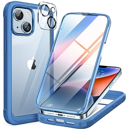 Miracase 360 Grad Hülle für iPhone 13/ iPhone 14 (6.1 Zoll), Ganzkörper Schutzhülle mit eingebauter Glas Displayschutzfolie, Stoßfeste Fullbody Handyhülle, Blau