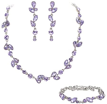 EVER FAITH Kristall Schmuck-Sets elegante Marquise- und Runde- Schliff Strass Blatt Halsketten, Ohrringe und Armband-Set für Damen Hell Lila Silve-Tone