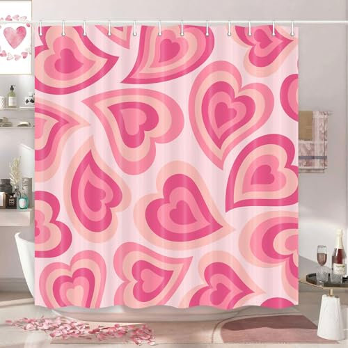 Wathon Rideau de douche en forme de cœur rose - Accessoires de salle de bain - Chic rétro des années 70 - Happy Valentine's - Ensemble de décoration de salle de bain avec crochets - 183 x 183 cm