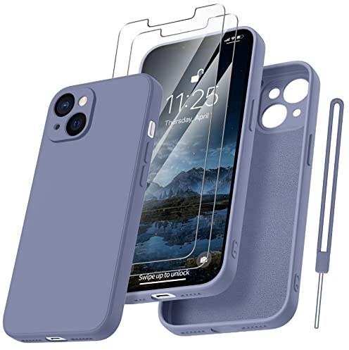 Qasyfanc Handyhülle für iPhone 13 Hülle mit 2 Stück Hartglas Schutzfolie, Silikon Case Ultra Dünn Microfiber Kameraschutz Rundumschutz Anti-Kratzer Handyhülle für iPhone 13 6.1''- Blau-grau