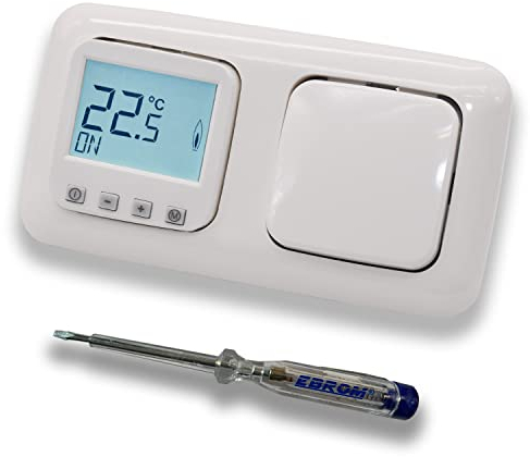 Halmburger Raumthermostat Raumtemperaturregler ERD-1Urg DIGITAL in Busch Jäger Reflex SI alpinweiß mit Tastschalter 2020 US + EBROM Phasenprüfer zur Montage der Geräte ERD-1U (rg) Fußbodenheizung