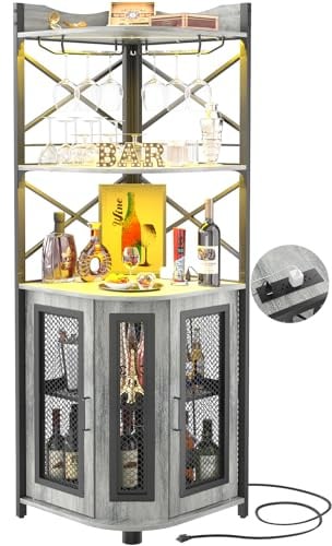 Aheaplus Corner Bar Cabinet with Power Outlet, Industrial Wine & Liquor Cabinet with LED Strip and Glass Holder, 5-Tier Unit for Small Spaces, White Oak