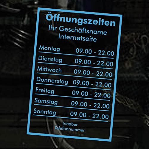 Öffnungszeiten Aufkleber - türkis - mit Rahmen - Schaufensterbeschriftung für Werbung Laden Geschäft - Bistro Scheibe
