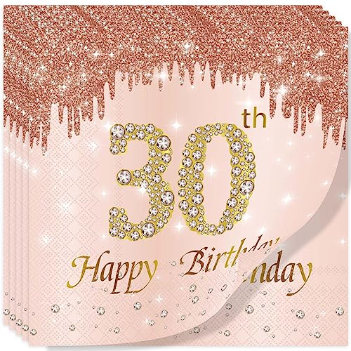 Yiran Rose Gold Happy 30th Birthday Napkins, 20Pcs Party Paper Napkins Disposable,Her Gifts Supplies,Tableware Decorations ,Birthday Serviettes Tissue Luncheon Dinner, (MGJZJ-30)