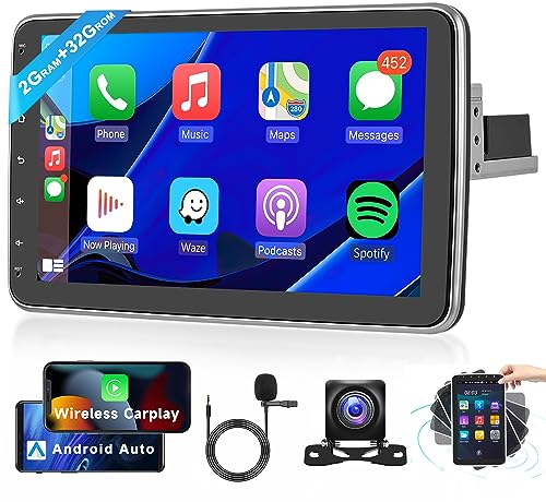 2G+64G Wireless Carplay Android 13 Autoradio 1 Din con Android Auto GPS Navi WIFI 10.1 Pollici Touchscreen Autoradio con Bluetooth FM/RDS/HiFi/DAB/OBD/DVR Controllo al Volante + Telecamera Posteriore