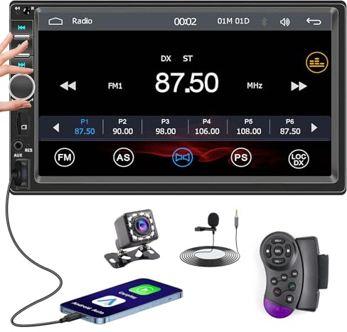 Hikity CarPlay Android Auto Wired, Autoradio Coche 1 DIN, Pantalla Táctil HD de 7, Bluetooth Manos, Libres Mirror, FM Radio, USB SWC AUX TF, Cámara Visión Trasera de 12 LED & Control Remoto