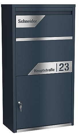 Graviers Design Paketbriefkasten personalisiert freistehend - pulverbeschichteter Stahl mit Edelstahl Namensschild Gravur Schnitt - Briefkasten Rückholsperre Postbox für Pakete Paketbox Design 7