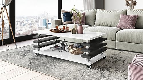 DC-3 Couchtisch Weiß Hochglanz/Anthrazit matt 120x60cm mit Ablage modern stabil vielseitig Wohnzimmertisch Beistelltisch Sofatisch Zeitloses Design platzsparend robust Wohnzimmer mit Rollen