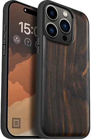 Carveit Holz Cover für iPhone 15 Pro hülle, Kompatibel mit Magsafe Silikon Stoßfeste Cover, Magnetisch Hull für Apple 15 Pro Case（Dunklesholz-Schlichtem Holz）