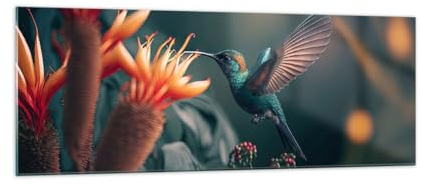 Panorama Bilder auf Glas Vogel Exotisch Blume Glasbild 140x50cm Wandbilder Dekoration Wohnzimmer Schlafzimmer Küche Groß XXL Wanddeko Bild im Glas Wand Kunstdruck Art Modern Wall Decor GAB140x50-5729