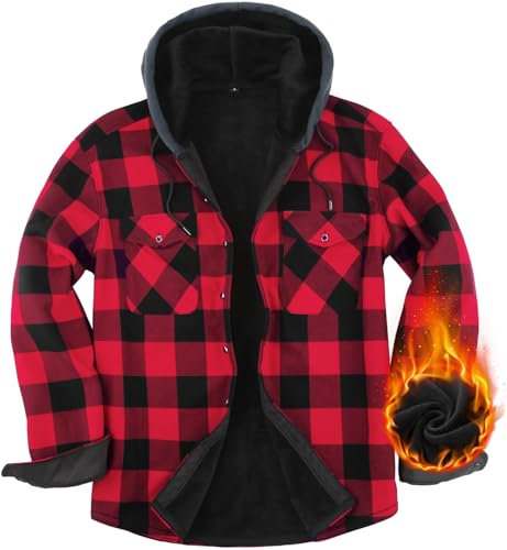 Fleecejacke Herren Hemdjacke Kariertes Winterjacke mit Kapuze Flanellhemd Gefüttert Freizeitjacke Button Down karohemd Warme Holzfällerjacke Hoodie für Herren Red-Q5-2XL