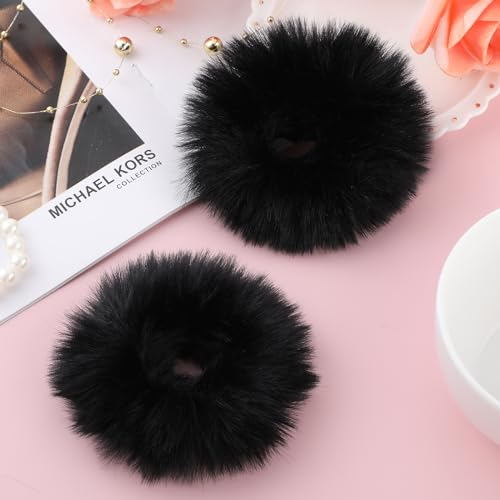 2 Stücke Haargummi Scrunchie Schwarz Pom Pom Stirnbänder Plüsch Kratzbänder Faux Kaninchen Haar Blase Elastische Baby Scrunchies Pferdeschwanz Haarschmuck Mädchen Schwarz Haargummis