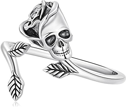 Bague tête de mort et rose, bague de fiançailles en argent sterling 925, bague de promesse pour femme