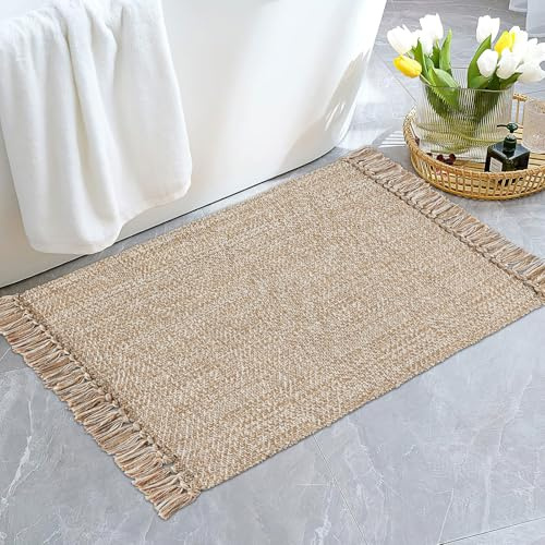 Boho Small Bathroom Rugs Reversible Hand Woven Cotton Rugs for Bedroom Kitchen Laundry Room Living Room 2x3 Feet Khaki