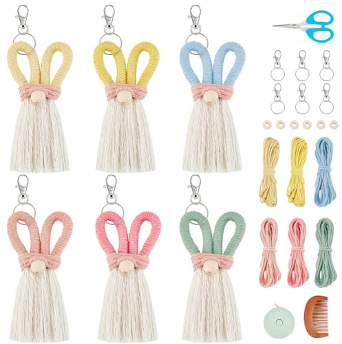 WEBEEDY 6 Set Zwerg-Makramee-Schlüsselanhänger-Set Niedlicher Osterhase Weihnachtszwerg Hängende Ornamente Taschenanhänger Makramee-Zubehör Für Ostern Weihnachten, Anleitung Inklusive