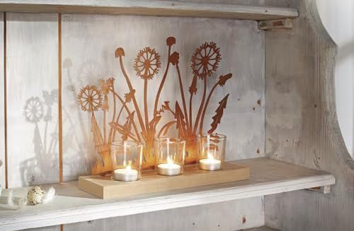 Windlicht Pusteblume aus Metall mit Echtrost Finish, 3 Teelichtgläser, Teelichthalter, Kerzenhalter