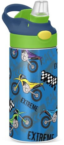 Mnsruu Bouteille d'eau colorée en forme de moto pour enfants avec paille isotherme en acier inoxydable pour garçons et filles, 350 ml anti-fuite sous vide pour eau chaude et froide, kbp810c864s1888
