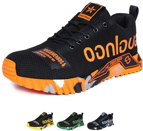 Aohuyergai Zapatos de Seguridad para Hombre Zapatillas De Seguridad Ligeros Mujer con Punteras De Acero, Zapatos De Trabajo Comodos, Zapatos Industriales De Construcción Transpirables Naranja 42EU