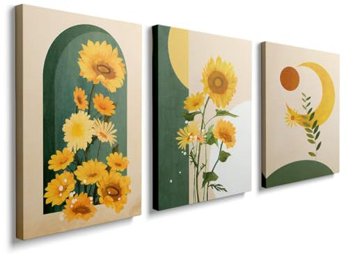 3 Pieces Wall Art Canvas Prints Sunflower and Gray Art Picture Painting Modern Wall Artwork Framed for Bathroom Bedroom Home Office Decor - 30 x 40 CM, YH074