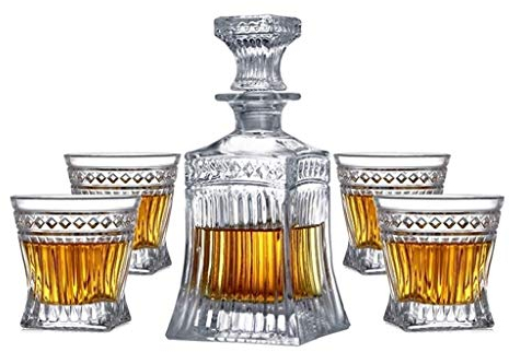 QTANZIQI Whiskey Decanter Sets for Men Engraved 5 Piece Whisky Glassware Set 100% Lead-Free Glass Wine Glasses 500ml Whisky Decanter with Cover for Spirits Bourbon Or Scotch Perfectly Gift Boxed silk