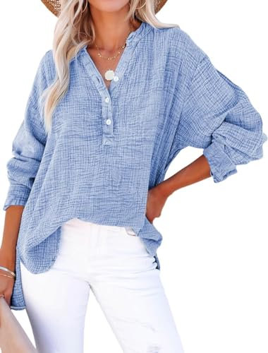 PADOLA Damen Musselin Bluse Baumwolle Blusen Tuniken Button Down Henley Shirt Plissee Einfarbige Hemdbluse T-Shirt Sommer Oversize Shirt Blusenshirt Tunika Tops Hellblau XL