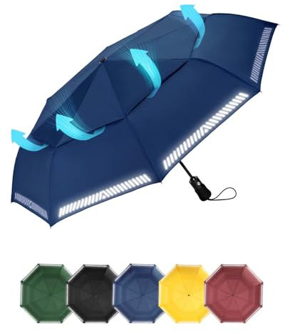 Chakipee Paraguas Plegable Antiviento Automatico Reflectante Azul Resistente Al Viento con Doble Cubierta Compacto para Mujer y Hombre Paraguas de Viaje 8 Varillas