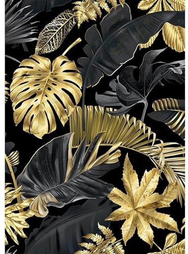 MEIYUDA Diamond Painting Schwarz Goldene Blätter, 5D Erwachsene Kinder, DIY Set Diamant Bilder, Handwerk Malerei Kits für Home Wand Décor 30x40cm