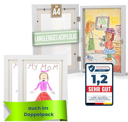 KIYARI Bilderrahmen Kinderzeichnungen A4, 2 Set Weiß Aufklappbar & Frontöffnung, für bis zu 150 Zeichnungen, Robustes Holz & bruchsicheres Glas, Ideal für Kunstprojekte, Kinderzimmer & Schule