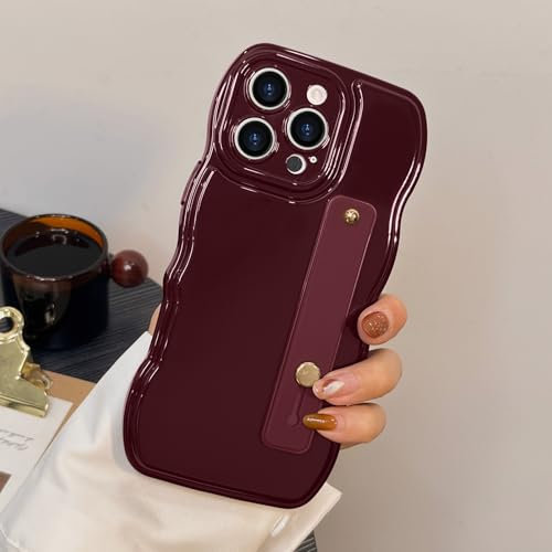 LAPOPNUT for iPhone 16 Pro Max Case With Wrist Strap,Adjustable Wristband Finger Holder Kickstand Phone Case for Women Girls,Cute Curly Wave Frame Shape TPU Cover for iPhone 16 Pro Max 6.9,Wine Red