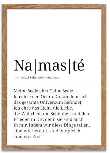 ARTFAVES® Poster Definition Namasté | Worterklärung Duden Lexikon Wanddeko Wandbild Spruch als Geschenk | mit Rahmen Holz Eiche | 21 x 30 cm