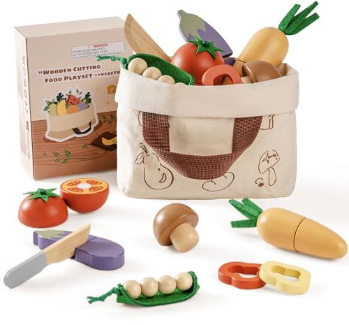 ROBOTIME Holz-Gemüse-Schneideset für Kinder - Montessori-Garten- und Kochspielzeug mit Holz-Karotte, Pilz, Erbsen & Zubehör, Lernspielzeug für Kleinkinder