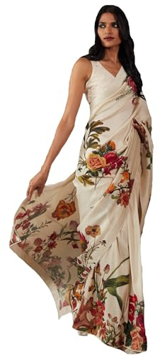 RAJESHWAR FASHION WITH RF Women's Bright Moss Silk Farewell Floral Print Sarees For Ladies & Girls With Lace Border & Blouse(Durga), White Red, One size