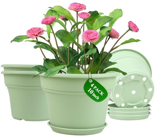 Pottiffe 10 Inch Plastic-Flower-Pot-for-Indoor-Plants, 4 Pack Large Outdoor Planter Pot with Drainage Holes & Saucers, Resin Decorative Garden Pots Planters