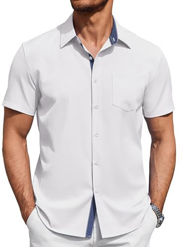 COOFANDY Mens Short Sleeve Work Shirt Summer Beach Holiday Casual Smart Business Shirts Regular Fit with Front Pocket White XL