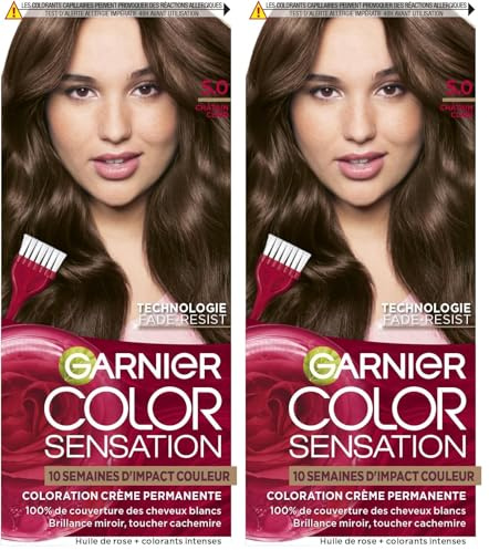 Garnier Color Sensation Coloration, Hellbraun 5.0, permanente Creme-Coloration, für alle Haartypen, Farbe bis zu 10 Wochen & deckt weißes Haar 100% ab (Packung mit 2)