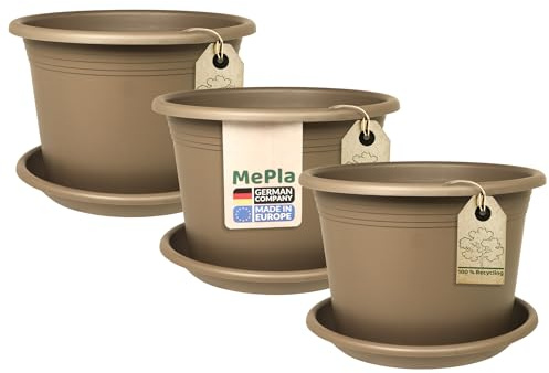 MePla Lot de 3 pots de fleurs Cylindro de 60 cm de diamètre + soucoupe de 58 cm de diamètre, taupe, résistant aux intempéries, en plastique résistant aux UV