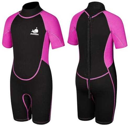 AOOSA Neoprenanzug Kinder für Jungen und Mädchen, 2.5 mm Neopren Thermo Badeanzug, Shorty Neoprenanzug mit Reißverschluss Hinten für Wassersport, Schwimmen, Schnorcheln, Surfen, Tauchen (Rosenrot, XL)