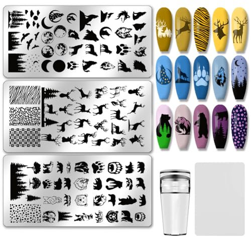 PH PandaHall 3pcs Wilde Tiere Nagel Stamping Plates Forest Nails Art Stencils Wolf Bear Nail Art Templates Deer Print Nails Stencils mit Stamper und Scrape für Frauen DIY Design Maniküre 12x6cm