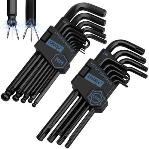 DISEN 22-teilig Innensechskant-Schlüssel-Set,13-tlg mit Kugelkopf, Innensechskant LANG, 1,27 bis 10 mm & 9 Stück TORX Innensechskant Satz T10-T50 Langarm Sternschlüssel Satz Chrom Vanadium Stahl