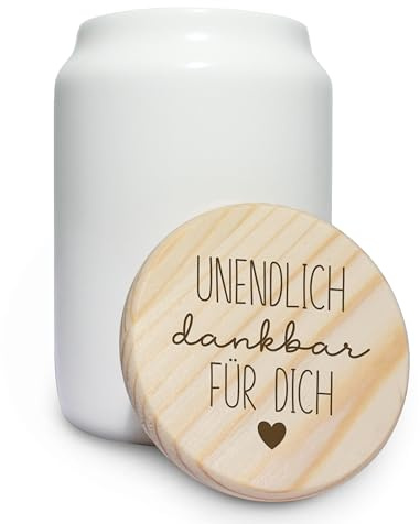 Keramikdose „Unendlich dankbar für dich & Herz“ - Holzdeckel veredelt mit Gravur - 650ml - Geschenk für Freunde & Familie - Keksdose Aufbewahrungsdose Vorratsdose aromasicher & luftdicht
